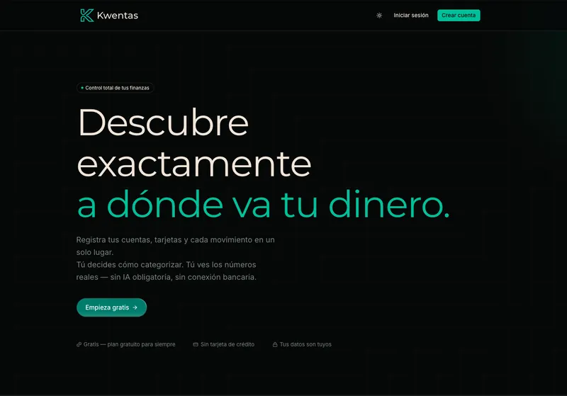Panel de Kwentas mostrando resumen de presupuesto y transacciones